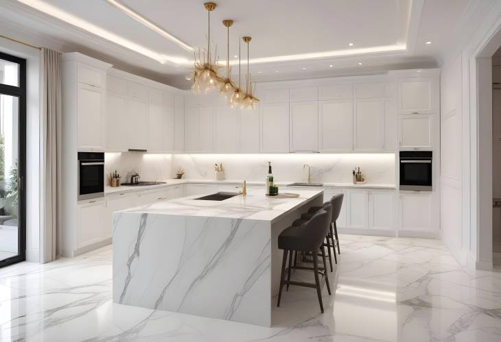 Modern White Marble Kitchen with Seamless Dining and Living Areas Luxury Home Interior Design