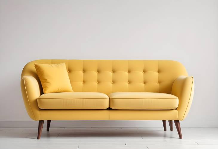 Modern Yellow Sofa with Wooden Legs in Retro Style, Isolated on White Background