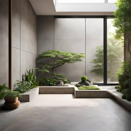 Modern Zen Garden Interior with Sunlit Concrete Wall and Green Accents