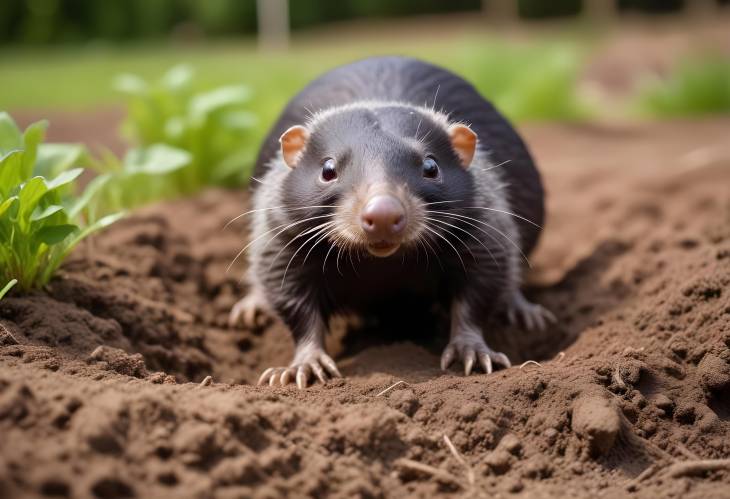 Mole Displaying Strong Front Feet for Digging Emerging from Molehill