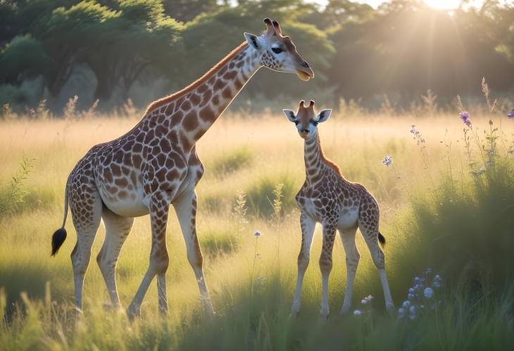 Mom and Baby Giraffe Playtime A Joyful Wildlife Scene in the Savanna