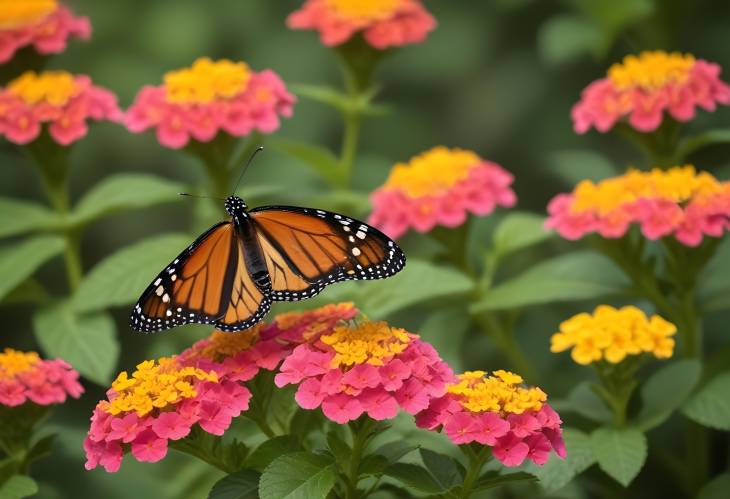 Monarch Butterfly and Lantana Flower Nature Scene