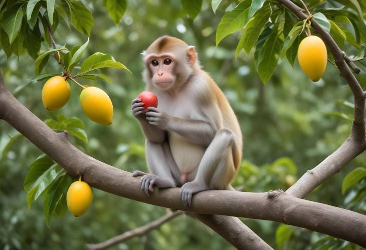 Monkey Enjoying Ripe Mango on Tree Branch. Cute Primate Eating Tropical Fruit in Jungle