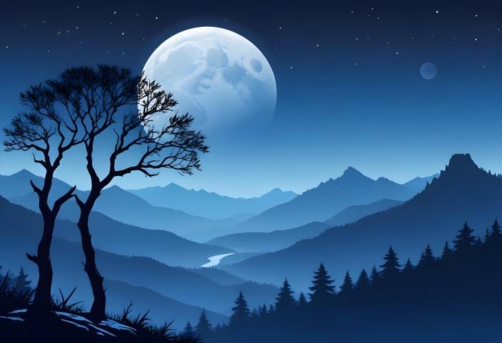 Moonlit Blue Mountain Vector Scene Clear Sky and Tree Silhouette Illustration