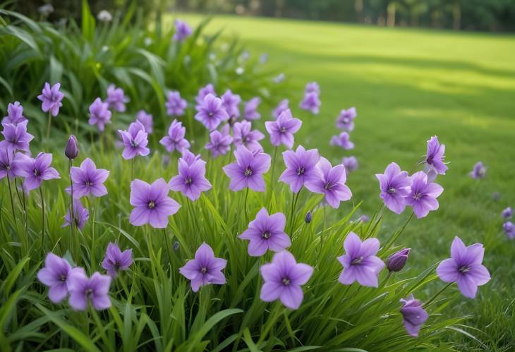 Morning Bloom of Purple Flowers in Lush Green Garden Grass  A Beautiful Sight