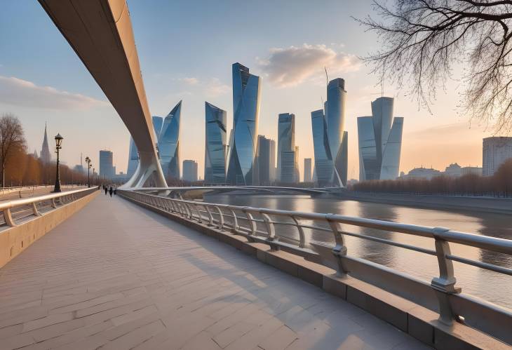 Morning City View Soaring Bridge in Zaryadye Park Overlooking Moscow River Embankment and Skyscrape