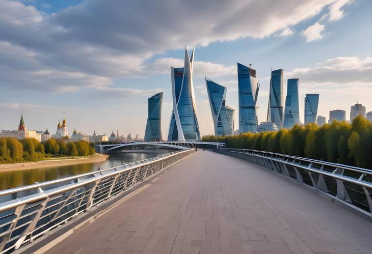 Morning Cityscape Soaring Bridge in Zaryadye Park Overlooking Moscow River Embankment with Skyscrap