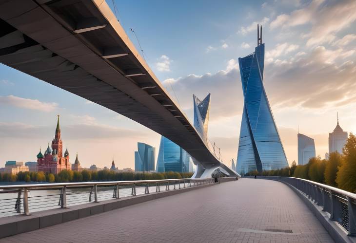 Morning Cityscape Soaring Bridge in Zaryadye Park with Moscow River Embankment and Skyscraper Backg