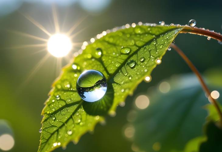 Morning Dew Drop Sparkling on Green Leaf, Macro Detail