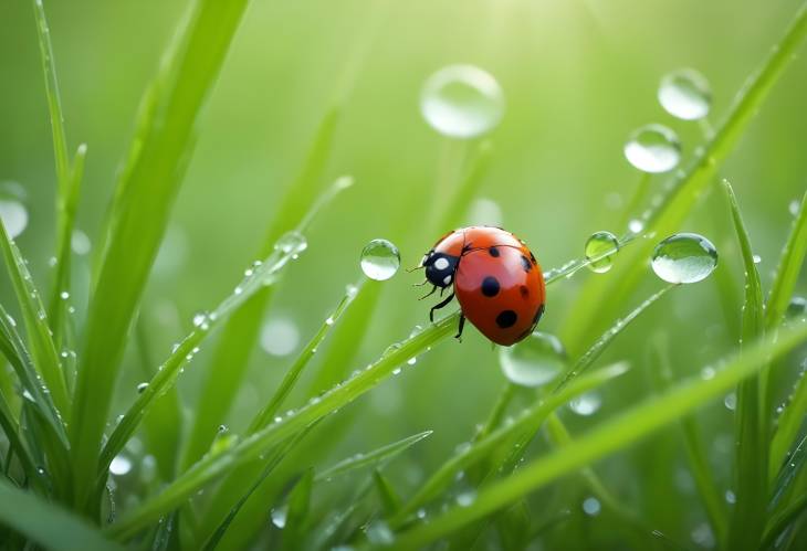 Morning Dew on Fresh Grass and Ladybug Macro Close Up