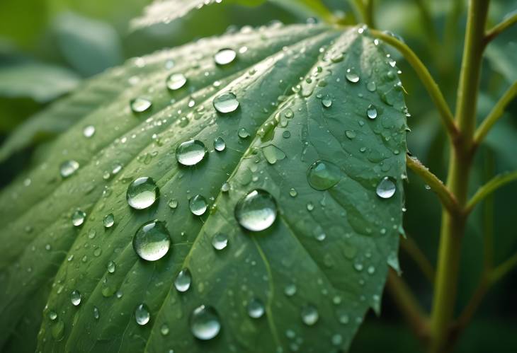 Morning Dew on Green Leaf with Rainwater Drops, Macro