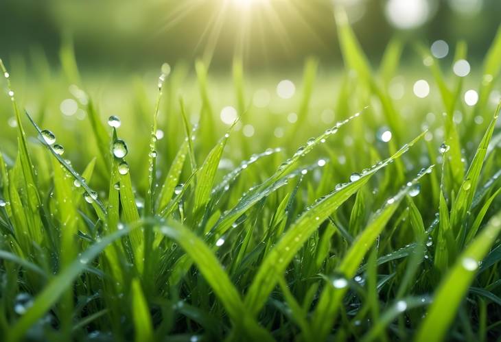 Morning Dew on Lush Green Grass, Macro CloseUp