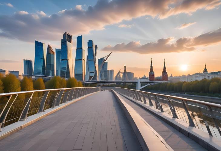 Morning in Moscow Soaring Bridge in Zaryadye Park Overlooking River Embankment and Skyscraper Backg