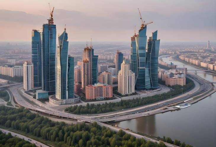 Morning Light Illuminates Moscows Newest Buildings Along the River Embankment