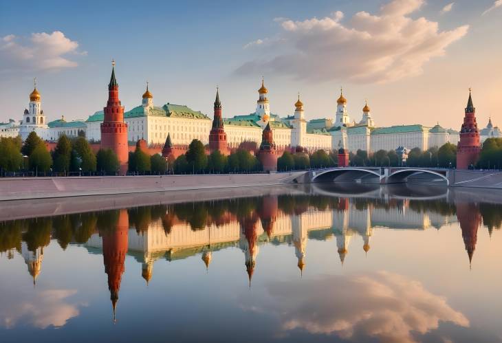 Morning Serenity in Moscow Kremlin Reflected in the Moskva River