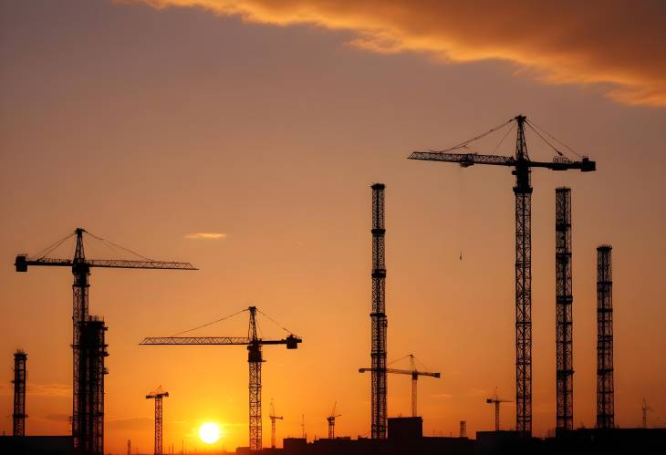 Morning Sun Illuminates Industrial Cranes and Building Silhouettes