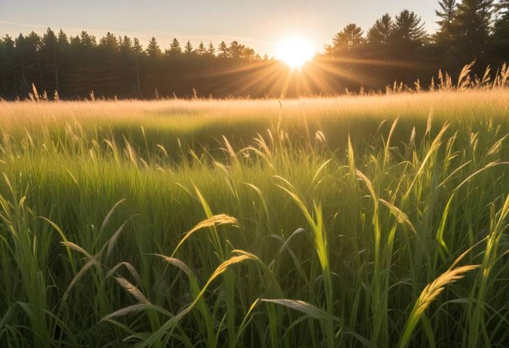 Morning Sunlight Through Tall Grass in Countryside