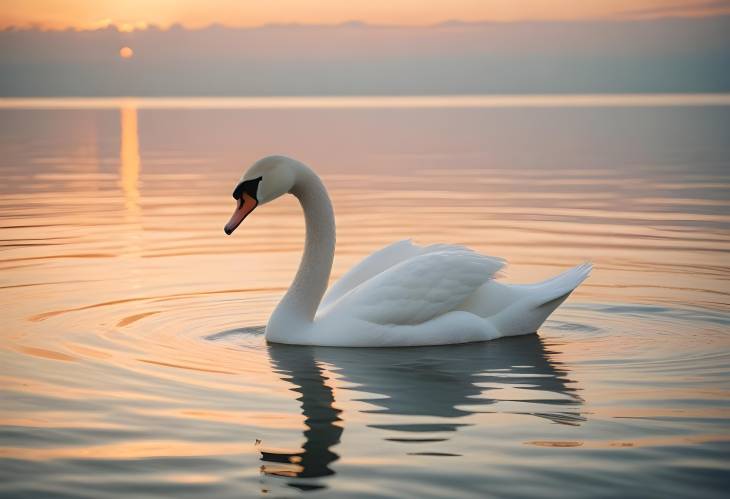 Morning Sunrise and White Swans in the Calm Sea