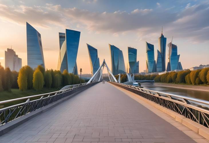 Morning View of Soaring Bridge and Moscow River Embankment with Skyscraper in Background Cityscape