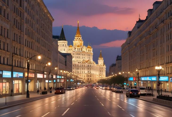 Moscow, 24 May 2021 Evening City View with Illuminated TSUM Central Department Store and Center