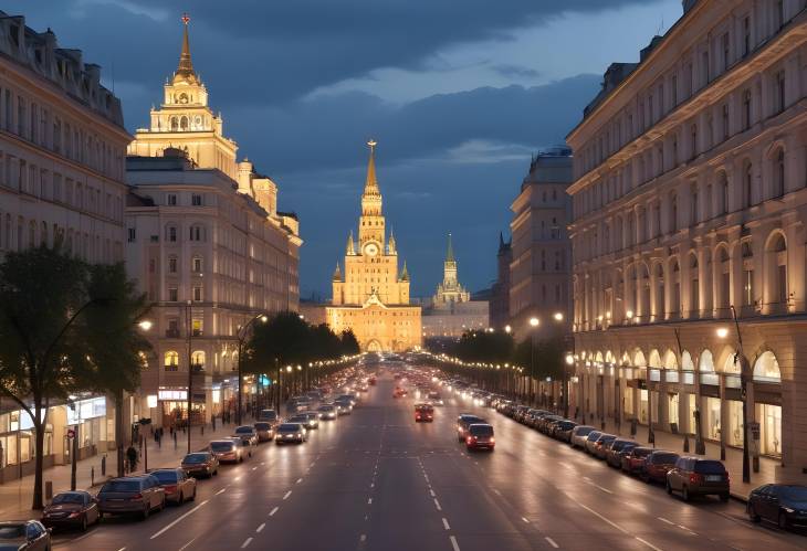 Moscow, 24 May 2021 Evening Cityscape Featuring TSUM Central Department Store and Center Streets