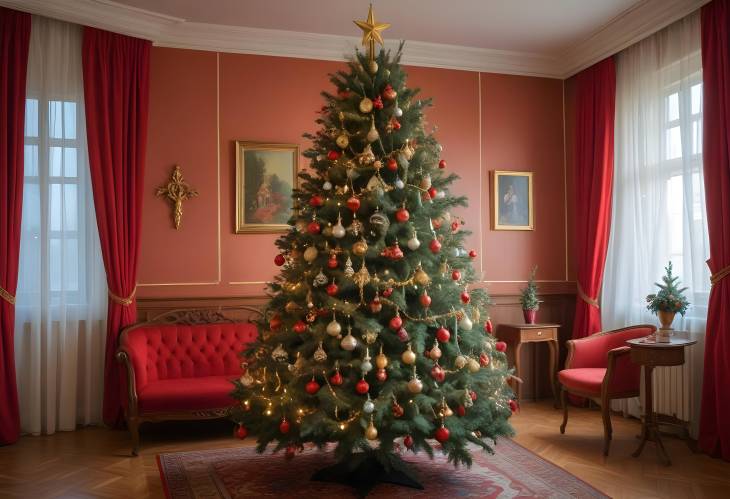 Moscow Christmas Tree in Retro 80s Soviet Apartment  Vintage Holiday Atmosphere