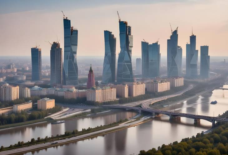 Moscow Construction Site Sunrise Over Riverfront Buildings and Cranes