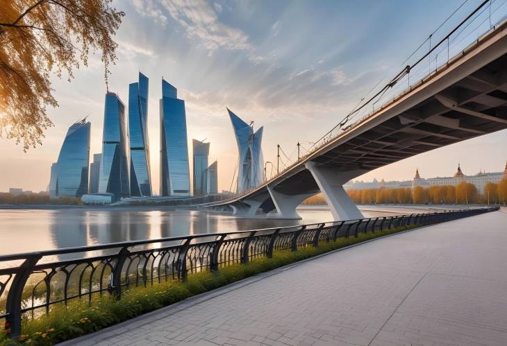 Moscow Dawn Soaring Bridge in Zaryadye Park with View of River Embankment and Skyscraper Background