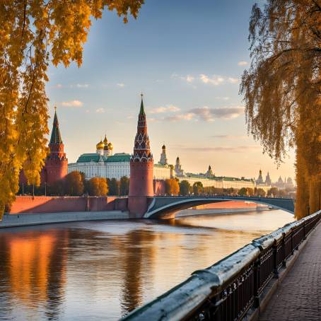 Moscow Kremlin and river in morning light, Russia skyline view with historic landmarks