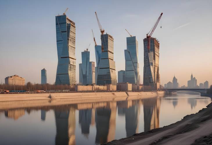 Moscow Skyline Buildings and Cranes in Riverfront Construction at Sunrise