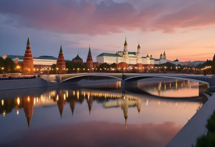 Moscow Soaring Bridge in Zaryadye Park with Moscow River and Kremlin Reflections