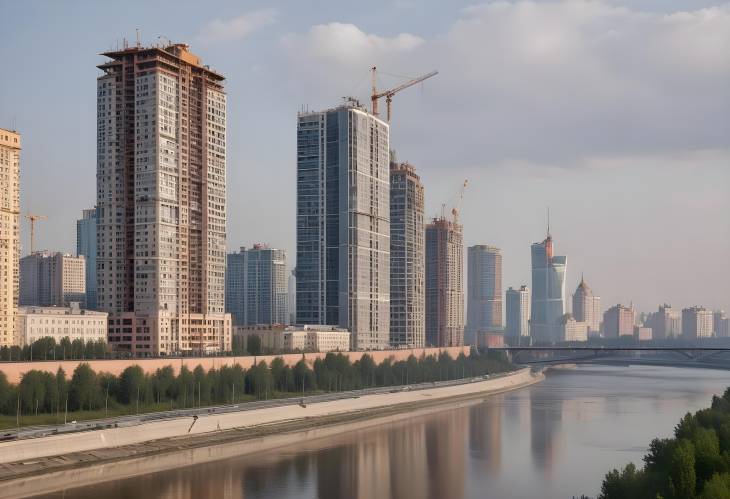 Moscows Riverfront Buildings Early Morning Construction and Cranes Against the Sky