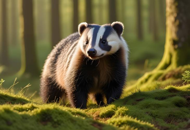 Mossy hills in Bohemian Forest with European badger illuminated by morning light, Czech Republic