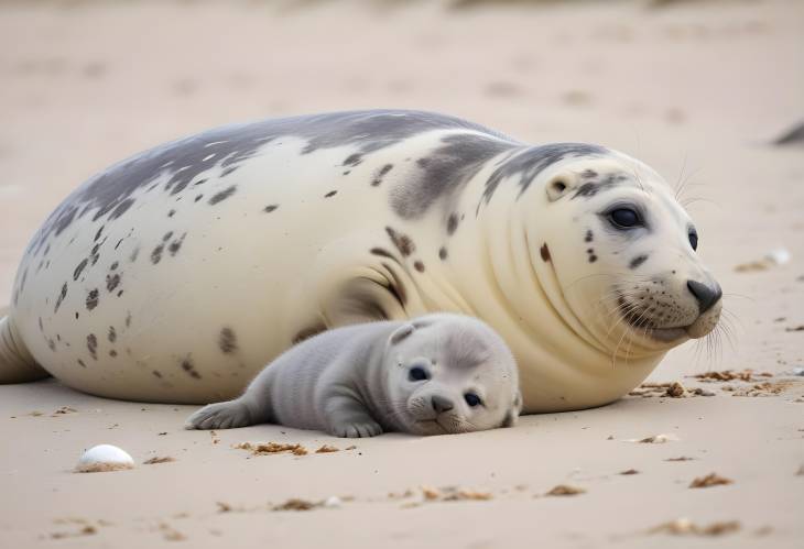 Mother and Kitten with Grey Seals Beach Scene in Helgoland, Schleswig Holstein, Germany