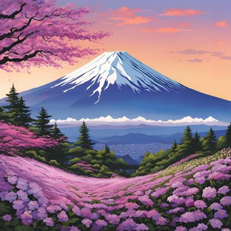 Mount Fuji rising above a sea of vibrant phlox flowers