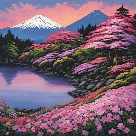 Mount Fuji snowcapped peak and a sea of phlox flowers in bloom