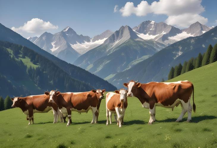 Mountain Cows in the Alps Picturesque Meadow and Hiking Landscape