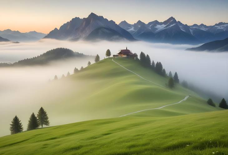 Mountain Fog and Meadows Grubigstein Peak and Green Landscape in Lermoos, Tyrol