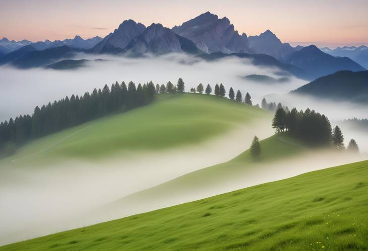 Mountain Landscape with Fog and Meadows Grubigstein and Lermoos in Green Tyrol