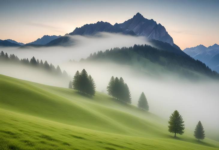 Mountain Landscape with Fog Green Meadows and Grubigstein Peak in Lermoos, Tyrol