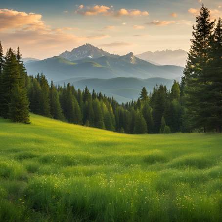 Mountain Meadow with Verdant Greenery and Dramatic Mountain Range