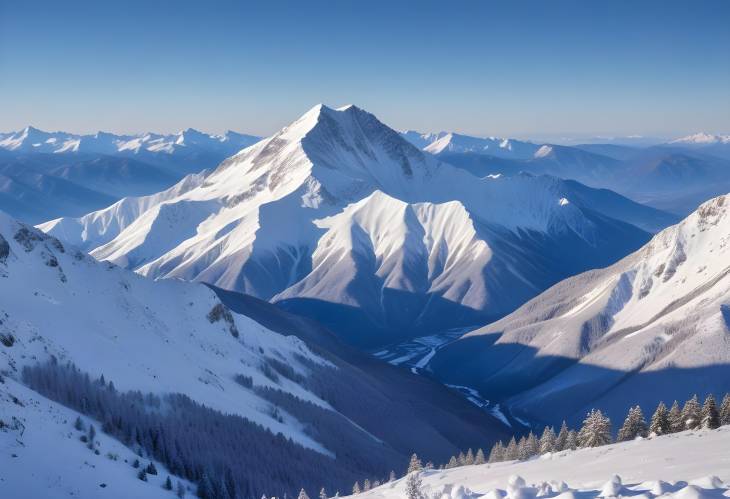 Mountain Peaks in Snow Under Clear Blue Sky