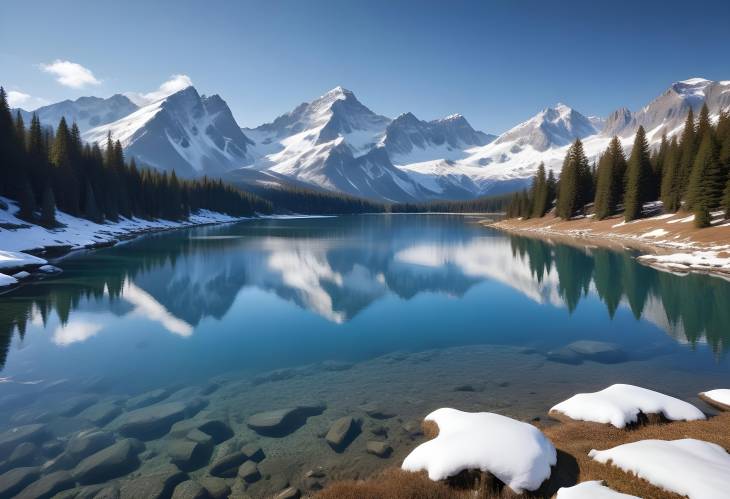 Mountain Peaks with Snow, Meadows, and Clear Lake