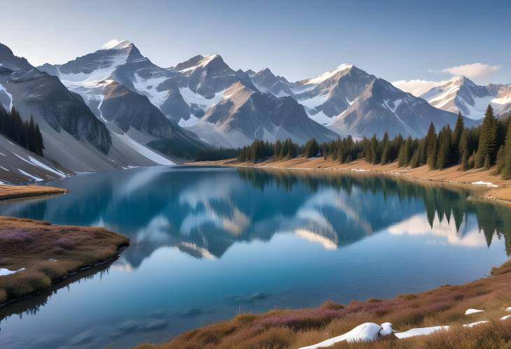 Mountain Range with Snow Peaks, Meadows, and Lake