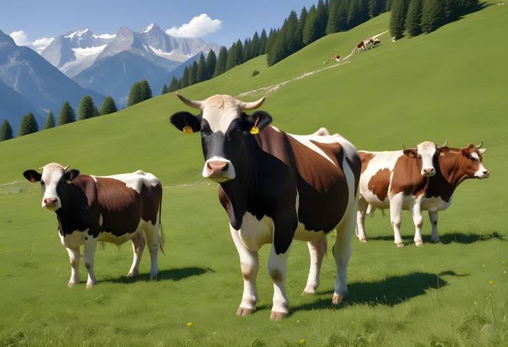 Mountainous Alps with Cows Grazing in Lush Meadow Hiking Trails and Scenic Views