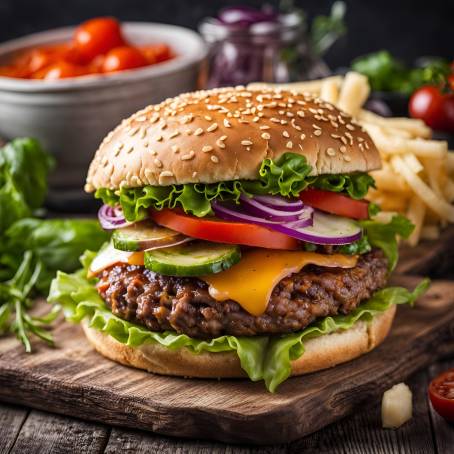 Mouth watering Burger Close Up Homemade Hamburger with Fresh Produce