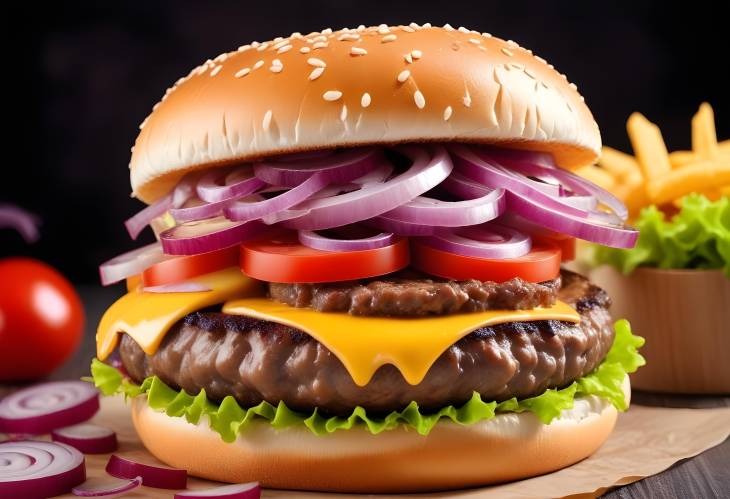 Mouth Watering Cheeseburger with Red Onion and Melted Cheese Close Up