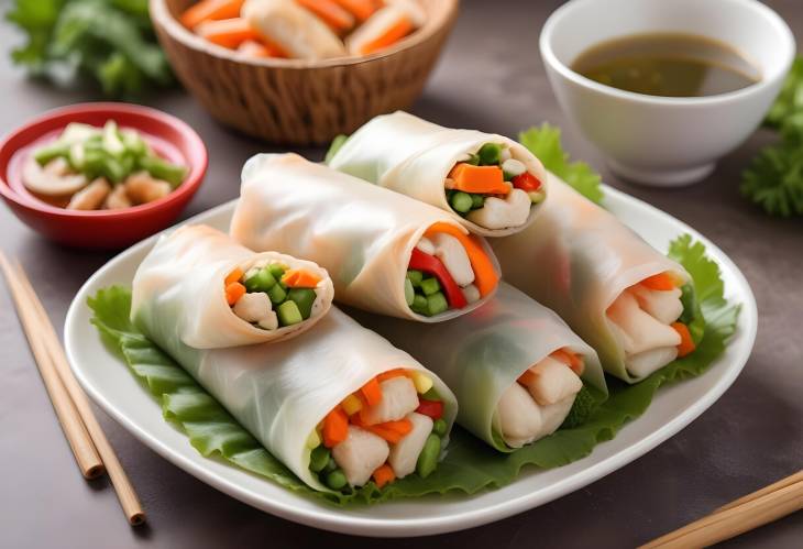 MouthWatering Spring Rolls with Chicken, Vegetables, and Garlic Sauce