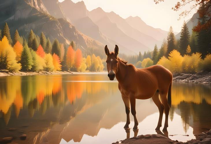 Mule in a Peaceful Natural Setting with Trees and Wildflowers Around