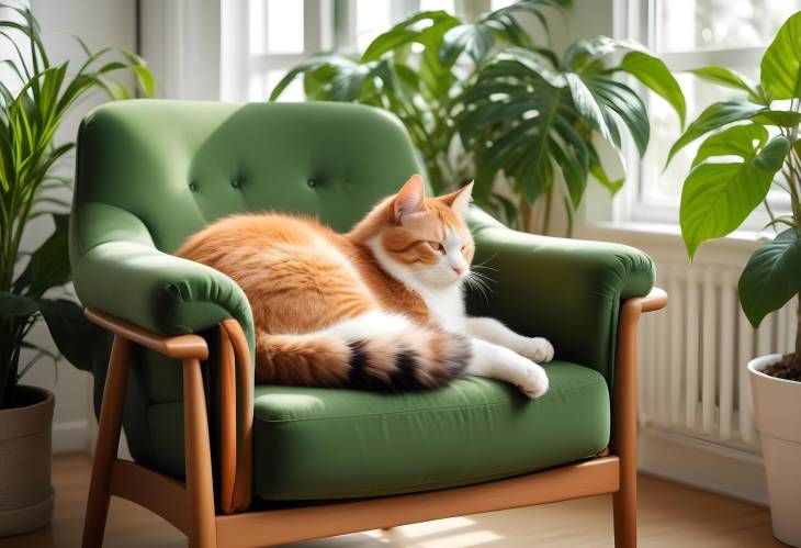 Multicolor Cat on Retro Armchair in Scandinavian Interior with Lush Green Plants and Sunlight